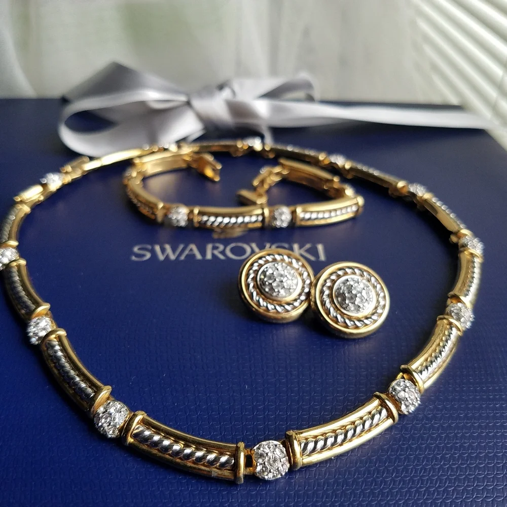 AUTHENTIC Swarovski 18k Gold Plated Tennis Necklace, Bracelet & Earrings SET - Picture 4 of 16